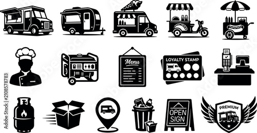 Food Truck and Catering Service Icon Set with Mobile Vans, Hot Dog Carts, Chef Avatars, Menu Boards, and Delivery Box Symbols