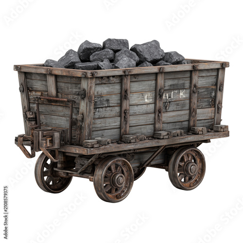 Large red bead necklace with po - : Steel ore mining cart resting on narrow rail tracks outside a historic coal mine on transparent png background. Ai generated