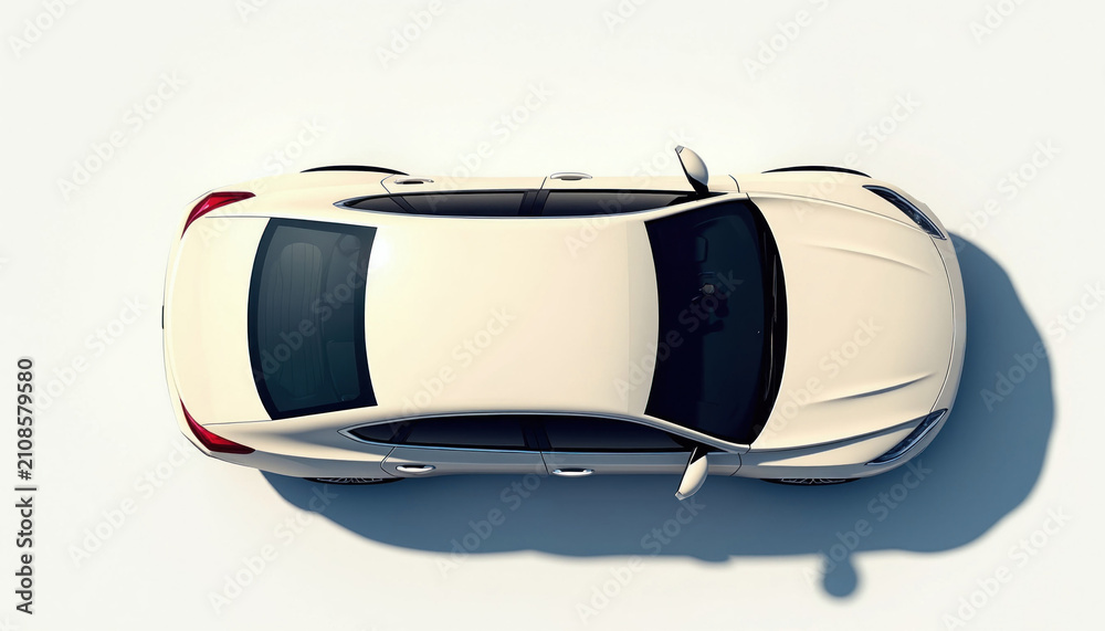 Fototapeta premium Top down view of cream colored sedan car on white studio background. Minimalist vehicle from above with shadow. Automotive design detail from above.
