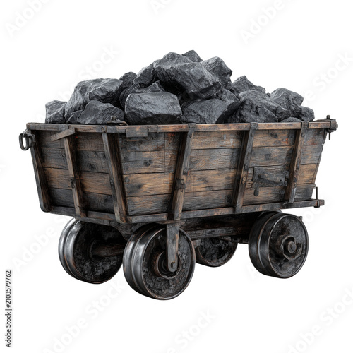 Large red bead necklace with po - : Three-quarter view of a rugged steel ore mining cart on railway tracks on transparent png background. Ai generated