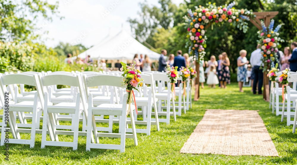 Obraz premium Outdoor wedding ceremony setup with white folding chairs in summer 
