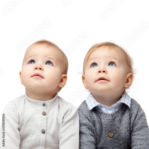 Large red bead necklace with po - Two charming babies with white fabric headbands lying side by side on a soft white bed on transparent png background. Ai generated
