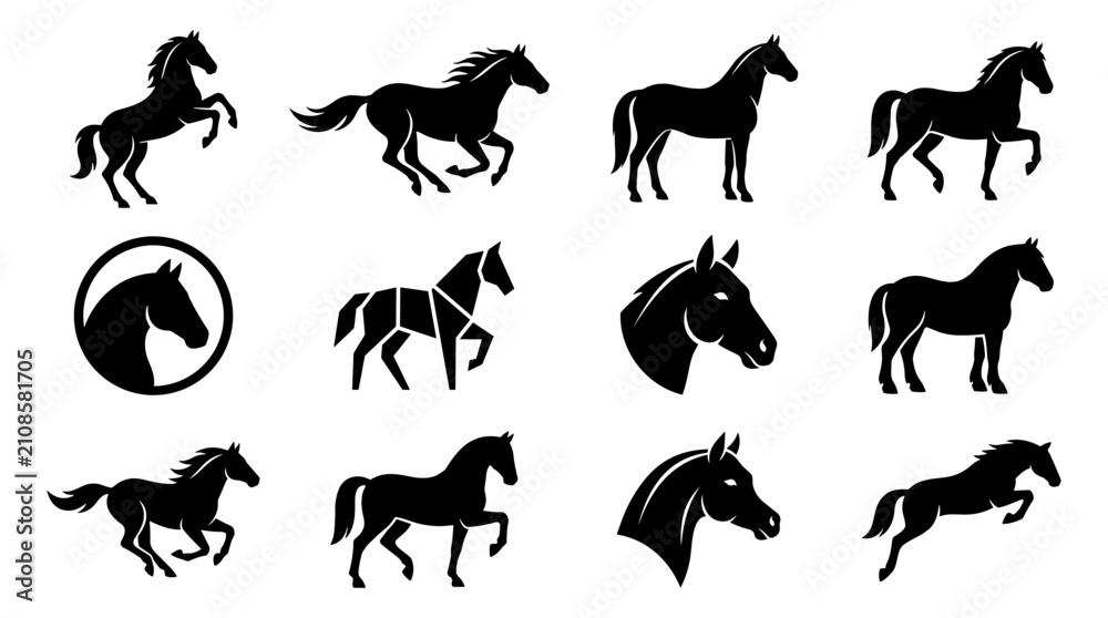 Fototapeta premium Horses in Various Poses and Styles Depicted as Black Silhouettes Featuring Horse, Silhouette, Animal with Equine and Running