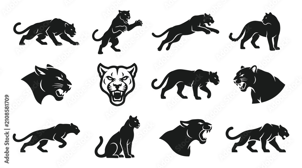 Fototapeta premium Panthers in Various Poses and Styles, Black Silhouettes of Big Cats Featuring Panther, Silhouette, Animal with Predator
