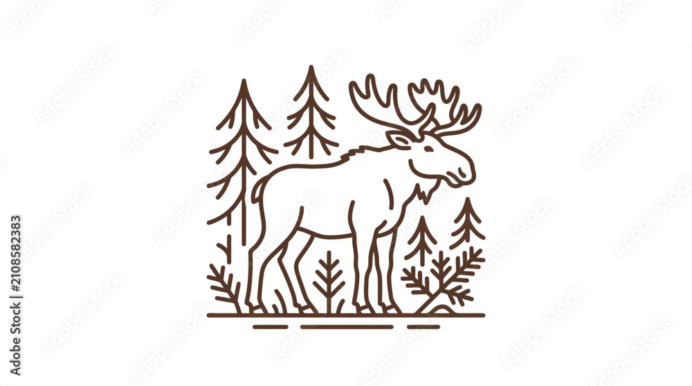 Obraz premium Standing moose in pine forest line art.