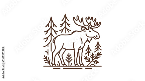 Standing moose in pine forest line art.