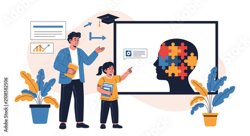 Male educator explaining mental health and cognitive psychology to a young schoolgirl pointing at a puzzle brain.