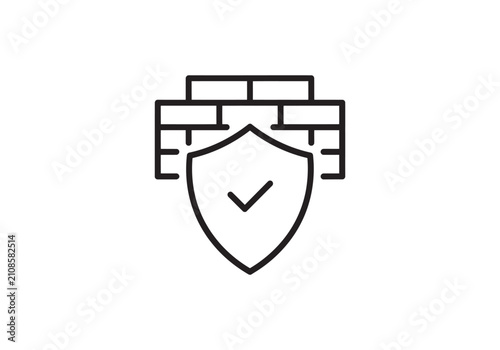 Firewall brick wall protection shield line icon. Network security, safety, check mark vector illustration isolated on white background