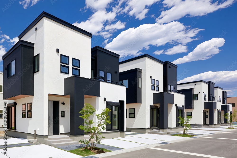 Fototapeta premium 青空の下モダンなデザインの新築戸建て住宅が並ぶ街並み