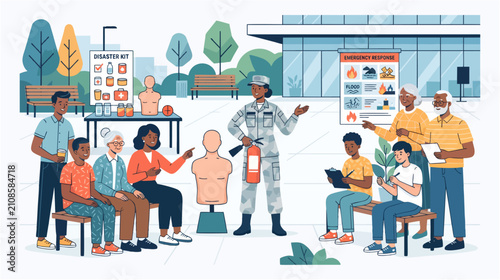 Soldier teaching disaster preparedness and emergency response skills to a community group, 2D flat vector illustration