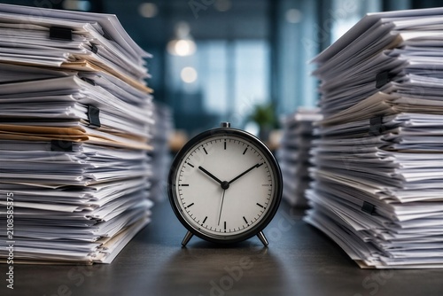 Vintage alarm clock between two large stacks of paperwork on office desk