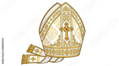 Vector illustration of a papal mitre with gold embroidery and cross isolated on white background showing different angles of the religious headwear