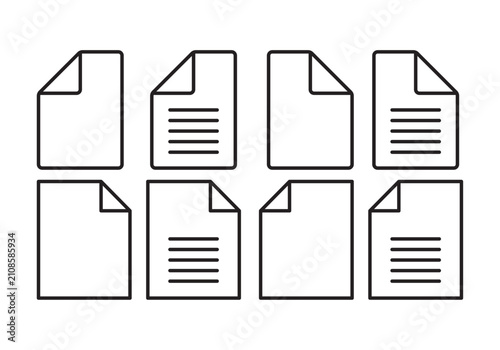 A clean collection of outline document file icons featuring blank and text page variations with folded corners. Modern minimal vector icon set suitable for UI, UX, web, and mobile apps.