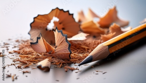 close up of a sharpened pencil with graphite and wood shavings