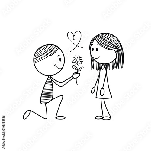 Photography Stick figure couple with flower and heart black and white sketch