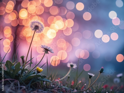 Dandelions and thistle at sunset with bokeh lights