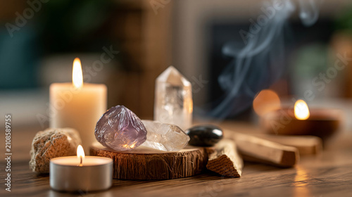 Crystals and sacred wood arranged for spiritual practice, warm candlelight and curling smoke, meditation and positive energy setup, defocused home altar environment, with copy