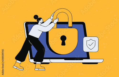 Cybersecurity concept woman unlocking a laptop with a padlock isolated on transparent background