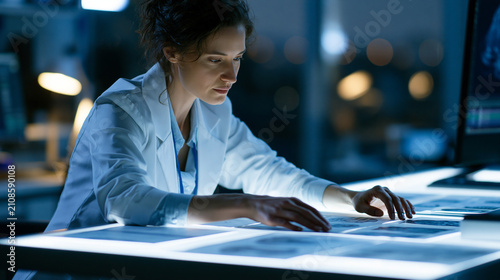 Consciousness researcher reviewing neural correlate data printouts spread across an illuminated light table, twilight blue-hour laboratory atmosphere, brain science discovery