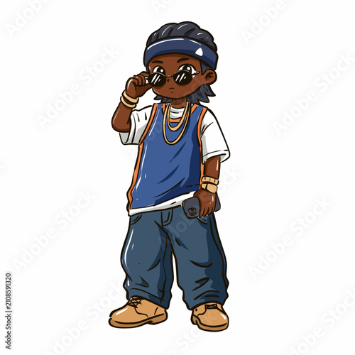 Cool urban boy in hip-hop streetwear with sunglasses and jewelry. Flat vector cartoon character isolated on white background