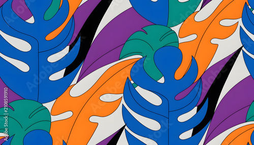 Close up view of abstract minimalist flat colored tropical palm and monstera leaves pattern. Modern retro fashion design and textile print. Bold colorful graphic foliage filling entire frame