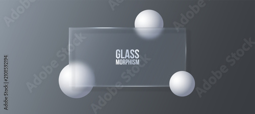 Konstfotografi A rectangular glass interface border that incorporates light and photo effects, with floating white 3D spheres on a silver backdrop