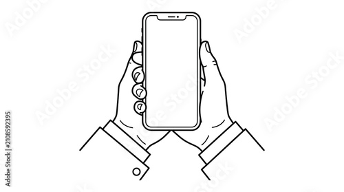 Two Hands Holding Smartphone Mockup Line Art Vector Illustration