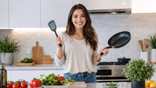 Smiling young woman holding a frying pan and spatula in a modern kitchen. Happy female cook standing with fresh vegetables on the counter. Home cooking concept