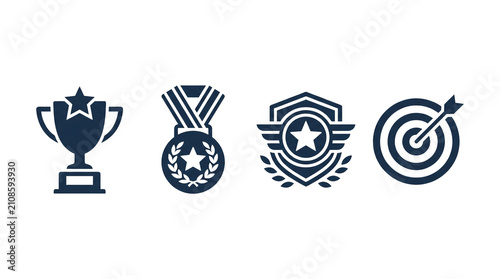 Trophy, Award Medal, Badge, and Target Achievement Icon Set Vector Illustration