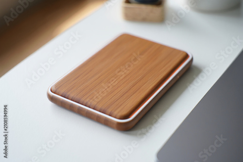 Rectangular wooden charging pad with white and orange trim on table