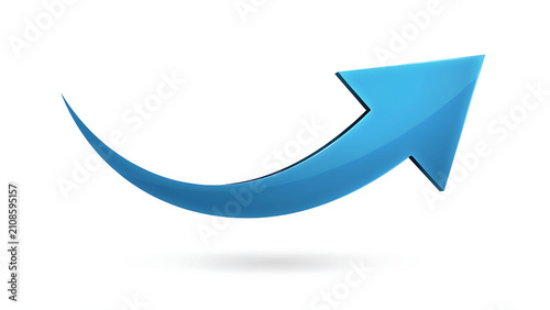 Single blue 3D arrow curving upward isolated with direction business pointing