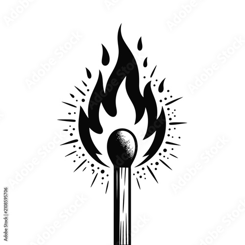 Foto Burning match silhouette with sparks black and white graphic