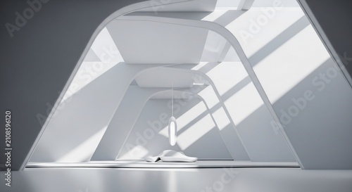 Futuristic minimal interior design with person lying on the floor.