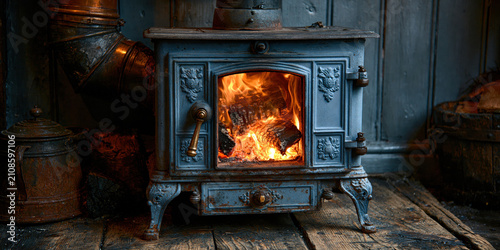 Vintage wood-burning stove with crackling fire inside a rustic kitchen setting
