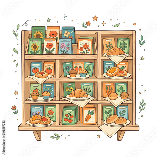 Colorful cartoon fruit and vegetable pantry storage shelves.