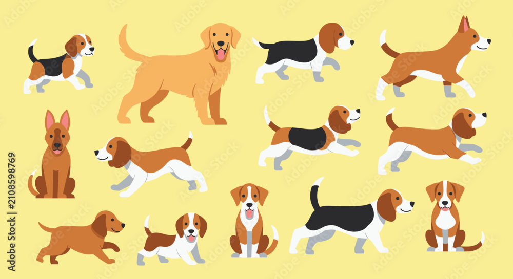 Fototapeta premium Vector illustration collection of different beagle dogs running, walking, and sitting on light yellow background.