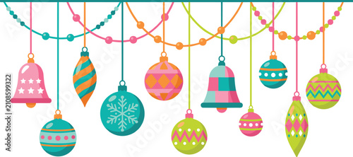 Christmas decorations hanging with baubles and garlands vector illustration collection