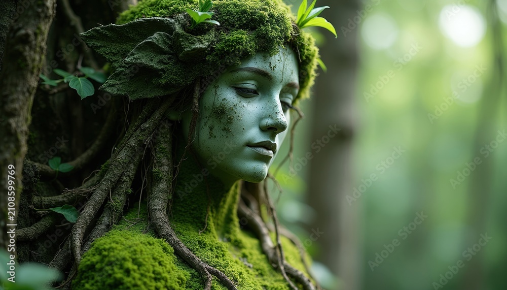 Fototapeta premium Ancient stone statue of woman covered in green moss, forest roots standing in woods. Mystical dryad fairy sculpture personifies nature spirit. Calm face of mythical nymph blends with trees in