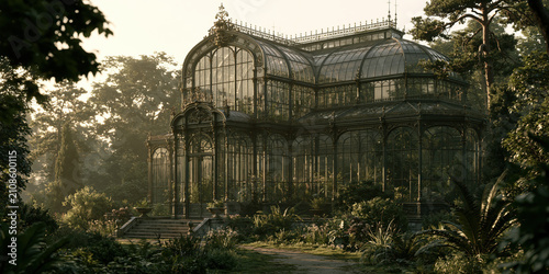 Victorian-Style Glass Conservatory Surrounded by Lush Greenery