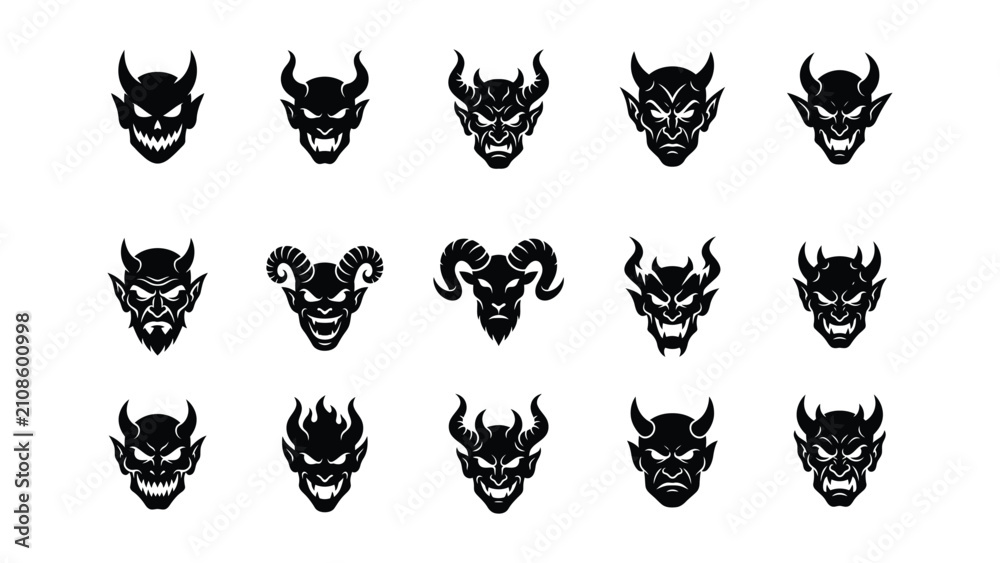 Fototapeta premium A variety of devil and demon faces isolated on white background. Ideal for horror or fantasy character design concepts.