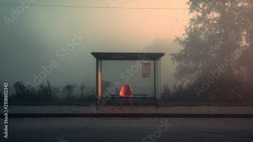 Lonely Red Chair Sitting Under a Bus Stop Shelter in a Dense Foggy Landscape at Sunrise