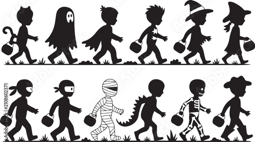 Obraz na płótnie A festive collection of children in diverse Halloween costumes walking in a line