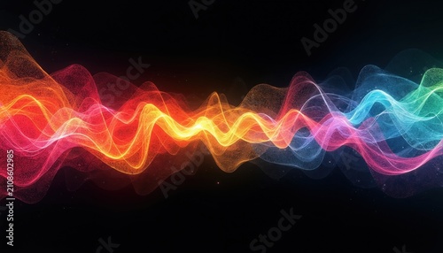 Abstract glowing waves in rainbow colors on dark background. Particles create vibrant sound rhythm lines. Digital art visualizes audio energy and music.