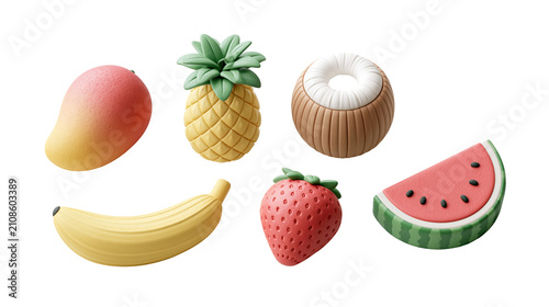 Cute tropical fruit icon set with whole mango pineapple coconut banana strawberry and watermelon slice isolated on transparent background for summer fruit menu design