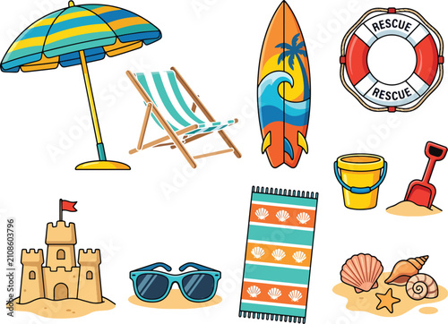 Summer Beach Vacation Elements Clipart Set | Beach Accessories Vector Illustration