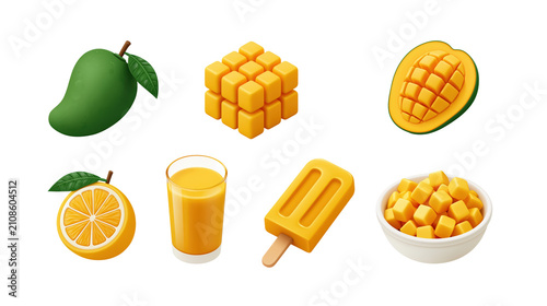 Fresh mango fruit icon collection with green mango cubed mango block scored mango half orange slice mango juice and popsicle isolated on transparent background for summer juice design