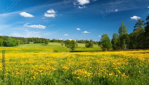Rural Meadow Landscape A Sunny Day Swedish Summer Yellow Wildflowers Forest And Blue Sky Nature Photography In Sweden