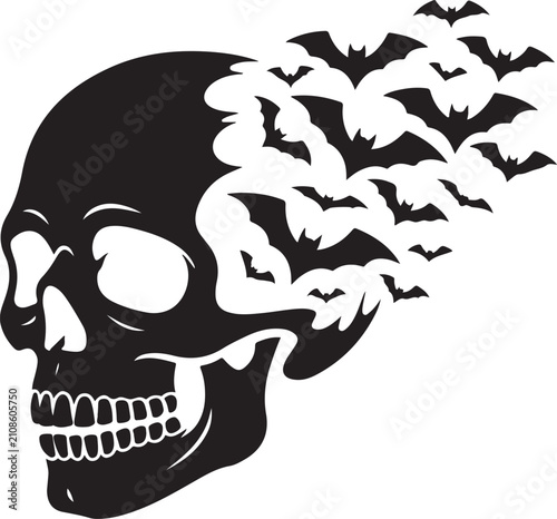 Slika na platnu Bat swarm forming skull, black silhouette vector on transparent background, skul