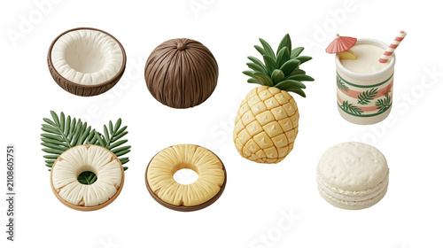 Vibrant tropical fruit icon collection with halved coconut whole coconut pineapple colada cup pineapple ring with leaves and coconut macaron isolated on transparent background for beach