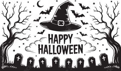 Canvas Print Black and white Halloween scene with witch hat, bats, trees, tombstones and happ